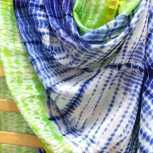 Blue lime green tie dye chanderi silk stole with wooden beaded tassels