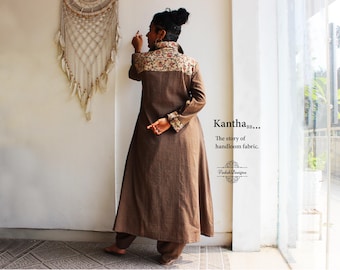 Conjunto de túnica con pantalón en algodón suave, de corte A, confeccionado en telar manual Kantha con teñido vegetal marrón