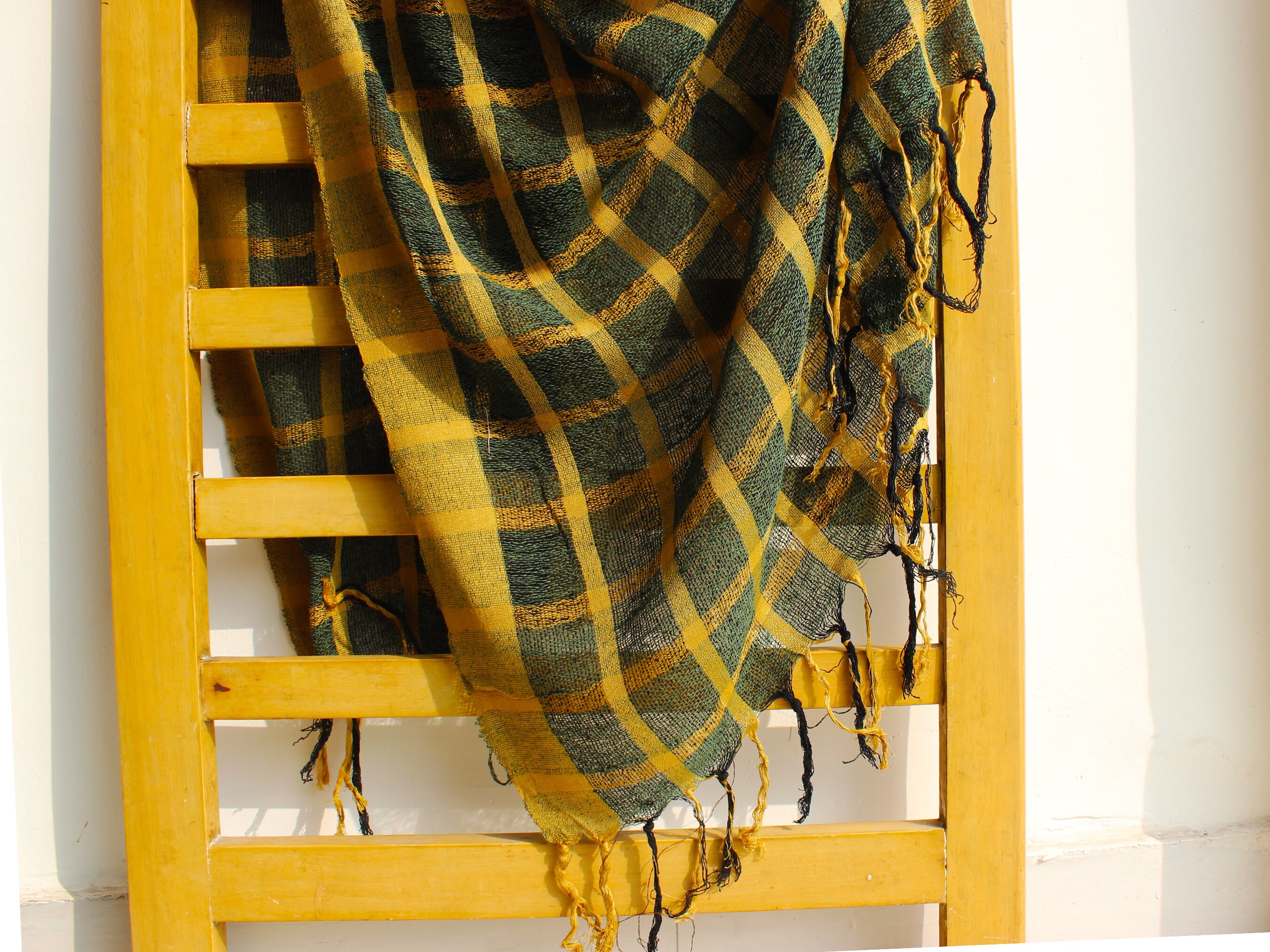 Handloom Khadi Silk Stole in Green and Yellow Color With