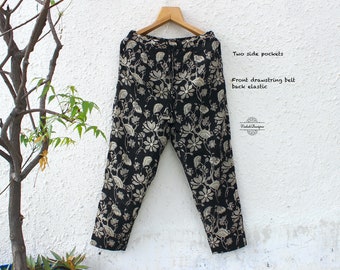 Black block print pants in floral soft breathable cotton