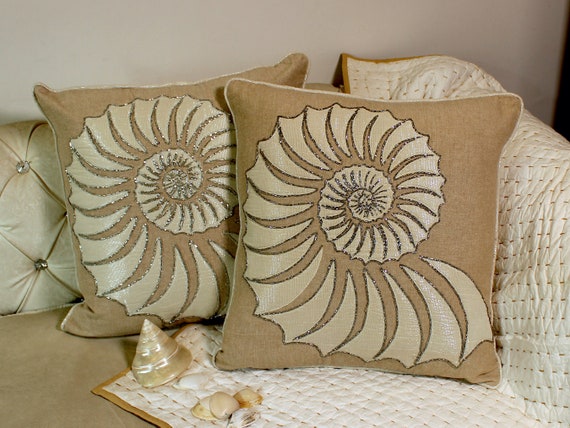Set of 2 Hand Embroidered Shell Pillow Covers 18x18 Coastal Beach Pillows Etsy