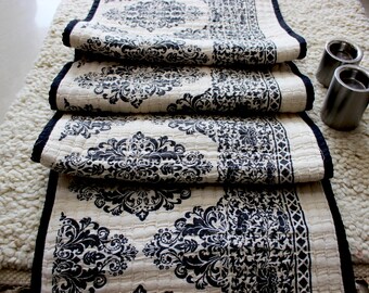 15X70" black floral quilted table runner Block print