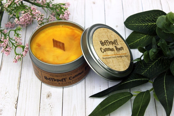 Hufflepuff Common Room Harry Potter Inspired Handmade Pumpkin Spice Soy Wood Wick Candle 6 Oz Tin Made To Order