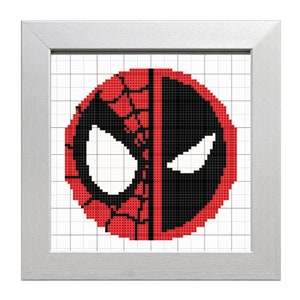 May include: A framed cross-stitch design featuring a red and black superhero mask with a spider web pattern.