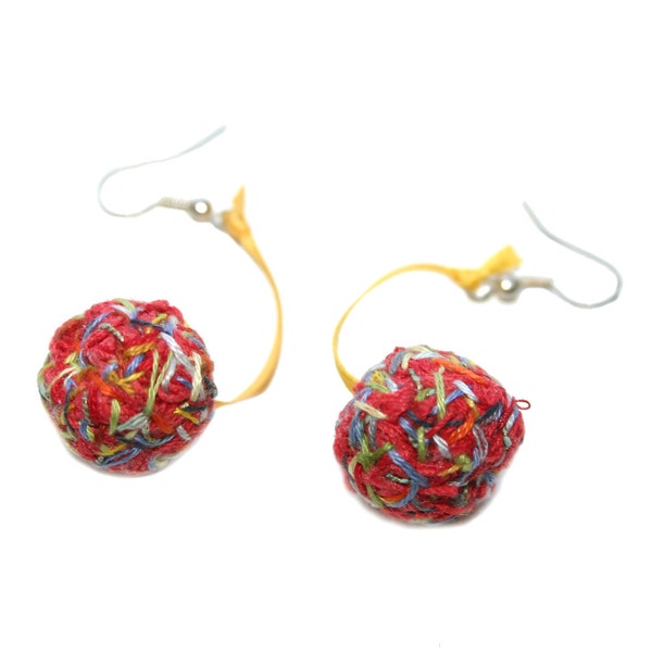 Dangle ball earrings, repurposed fiber, multicolored mixed yarn, textile earrings, eco friendly OOAK jewellery, freeform thread, yarn scraps