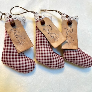 Set of 3 Primitive Stockings with Lace, Rustic Bell , Safety Pin and Coffee Stained Tag for Bowl Fillers or Ornaments