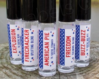 Patriottische rolflesetiketten voor essentiële oliën + tentkaarten, bewerkbaar: wordt geleverd met bewerkbare labels met 5 thema's en bewerkbare tentkaarten.