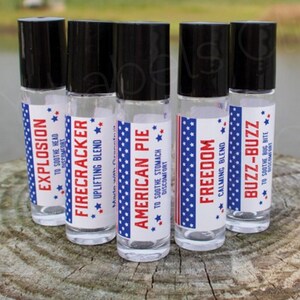 Patriotic Roller Bottle Labels for essential oils + Tent Cards, Editable - comes with editable labels with 5 themes and editable tent cards.