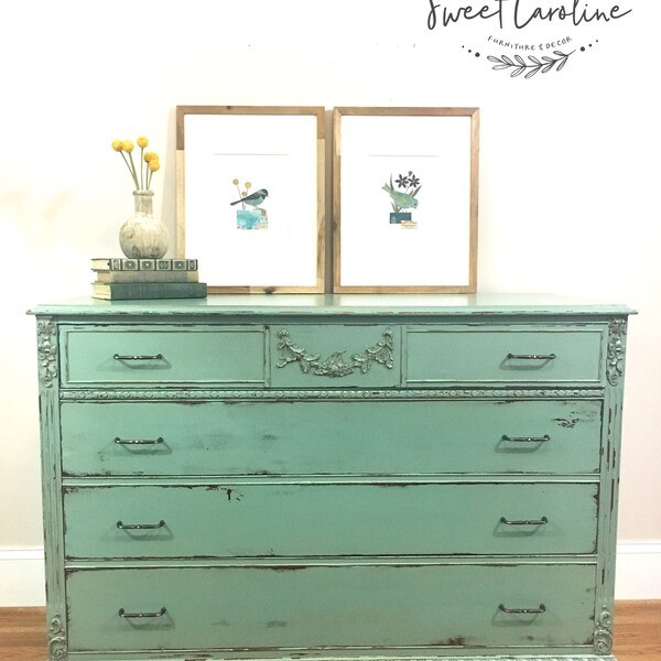 SOLD - Shabby Distressed Deep Aqua Dresser by sweetcarolineathome