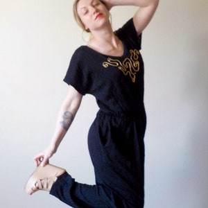 VINTAGE BLACK JUMPSUIT 70s-80s Black lace/ Slinky/ Oversized/ made in the Usa/ 100% Polyester/Grunge style/ Size Large