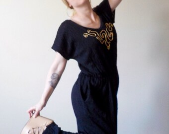 VINTAGE BLACK JUMPSUIT 70s-80s Black lace/ Slinky/ Oversized/ made in the Usa/ 100% Polyester/Grunge style/ Size Large