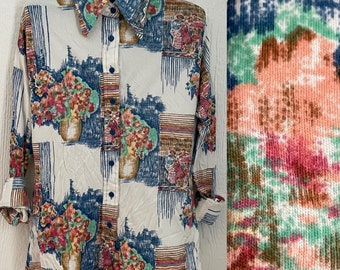 70’s Vintage Blouse, Women’s Floral Button Up Blouse, Floral Button Shirt for Her, Novelty Vintage Collared Shirt, Soft Nylon Top Women’s