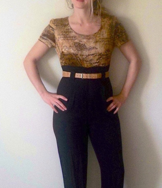 90s Velvet Colorblock Jumpsuit Gold with Calligraphy Designs/ Women's Pant Suit/ Dress Suit/ Dress Pants/ Structured Jumpsuit Size 6