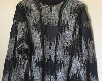 80s Men's Sweater, Striped Sweater For Him, Color Block, Leather Patch Sweater, Fall Clothing For Men, Pull Over Crew Neck, Vintage Men’s