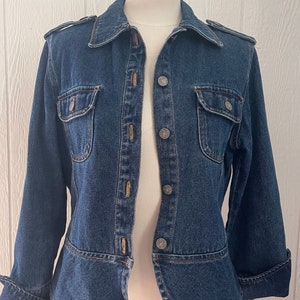 90s Jean Jacket, BillBlass fitted jacket, Blue Jean Fall Clothing for Her, 100% cotton Denim, Utility, Military Style Size Small, unisex