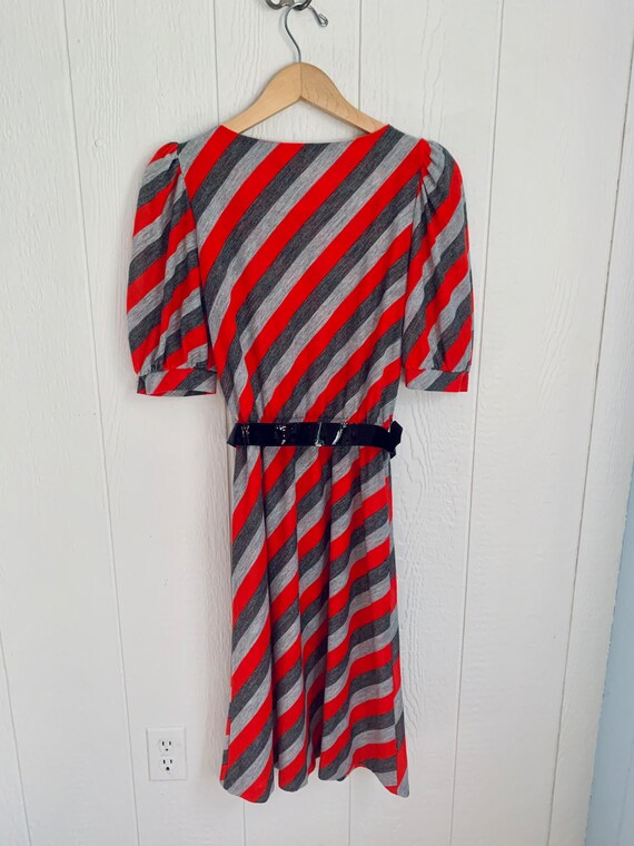 80s Belted Dress RED STRIPED With Puffed Sleeves … - image 6
