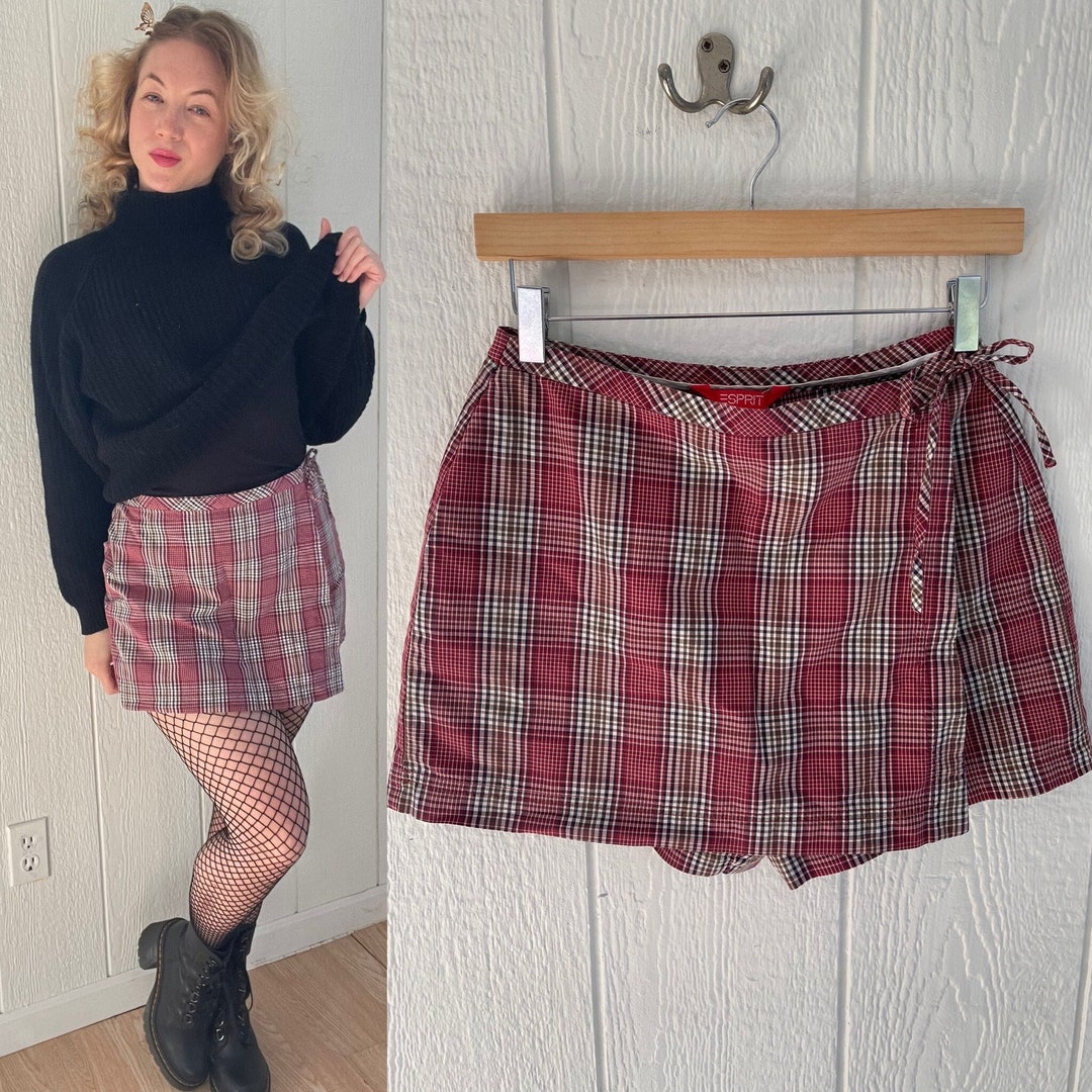 90s Plaid Mini Skort, Red Plaid Skort, School Girl Outfit, Wrap Skort ...