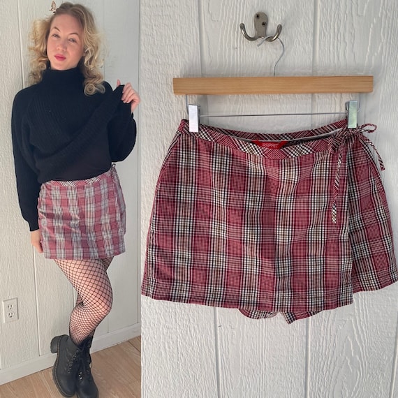 90’s Plaid Mini Skort, Red Plaid Skort, School Gir