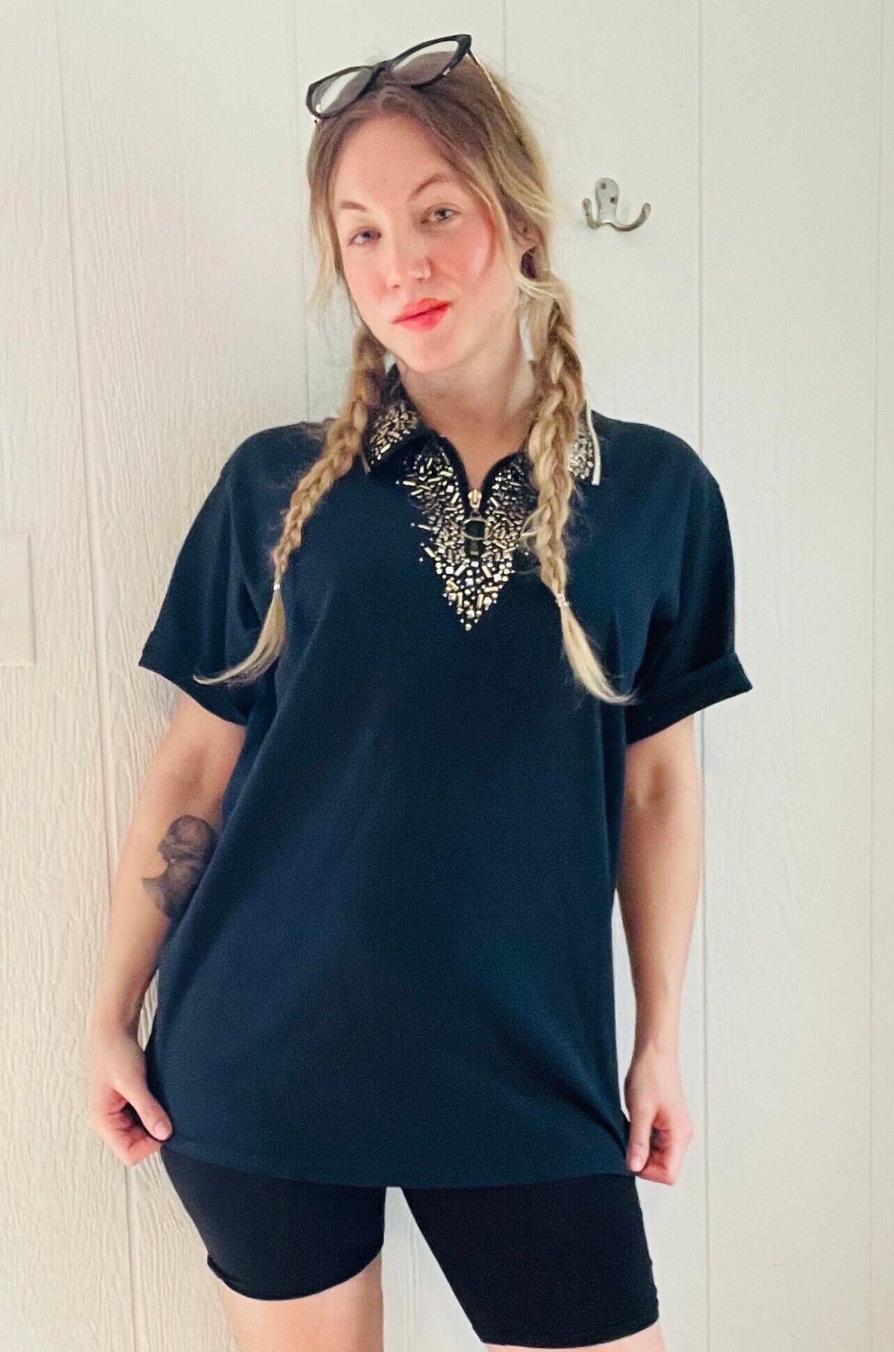 80’s 90’s Rhinestone Embellished Polo with Zipper, Vintage Black Polo Grunge Punk Style Shirt for Her