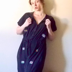 80’s Vintage Jumpsuit Black Skater Suit 100% Cotton Playsuit with Patches Free Size Drawstring Waist Girl Power Outfit for Her Button Down