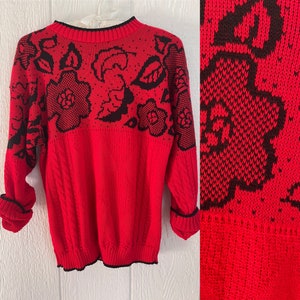 80’s Red Cable Knit Sweater for Her, Red Floral Sweater Womens, Vintage Sweater for Holiday, Red Christmas Sweater, Red Pullover Sweater
