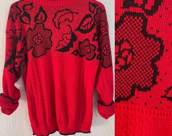 80’s Red Cable Knit Sweater for Her, Red Floral Sweater Womens, Vintage Sweater for Holiday, Red Christmas Sweater, Red Pullover Sweater