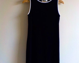 TANK JERSEY DRESS Black Shift Sport Dress/ White Trim/ Textured/ Petite/Athletic/ 90s/ Free Shipping