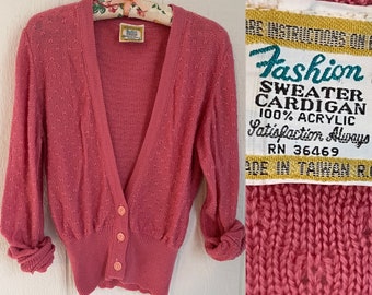 70’s Vintage Cardigan, Feminine Pink Low V Neck Sweater for Her, Vintage Kmart Cardigan, Rose Pink Knit Sweater, Fem Pink Sweater Women’s