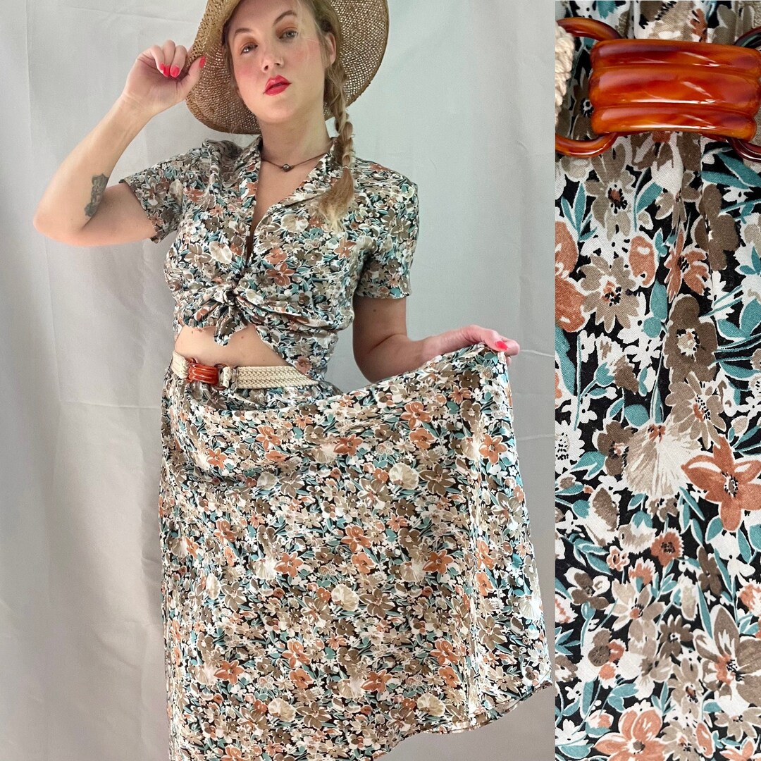 Vintage Buckle Shirt Floral Print Stitching Split Skirt Two Piece Set main image 0