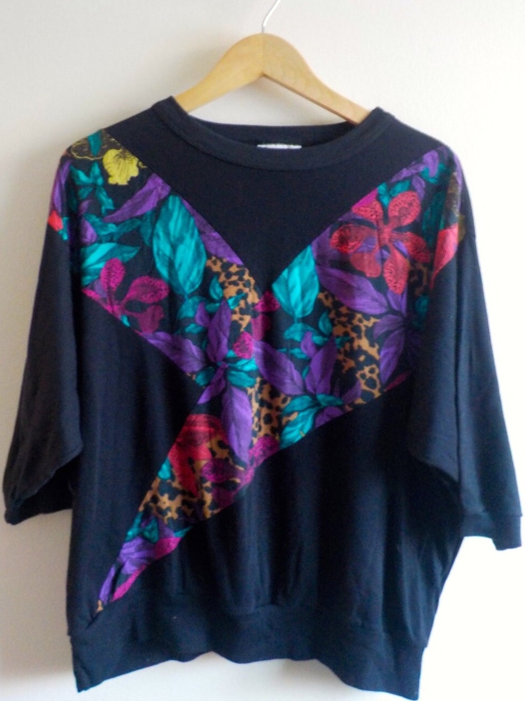 90s BOHO TOP Half Sleeve, Black Top, Leopard Print Shirt, Plus Size Top