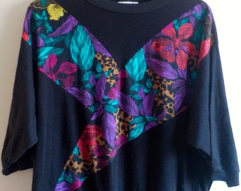 90s BOHO TOP Half Sleeve, Black Top, Leopard Print Shirt, Plus Size Top Womens, Floral Top, Boho Top for Her
