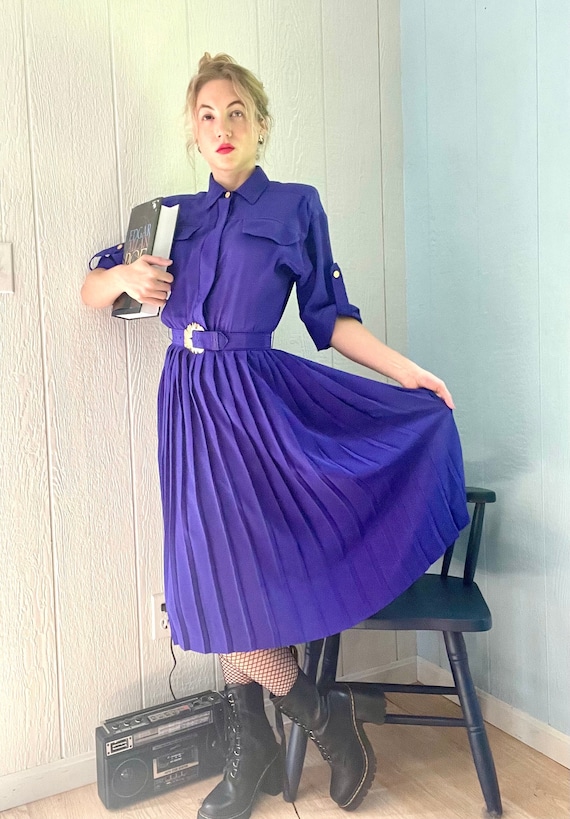 80s Shirt Dress With Pleats Military Style Dress for Her Indigo Shirt Dress With Belt Vintage Dress Women Dress for Office or Occasion Etsy Canada