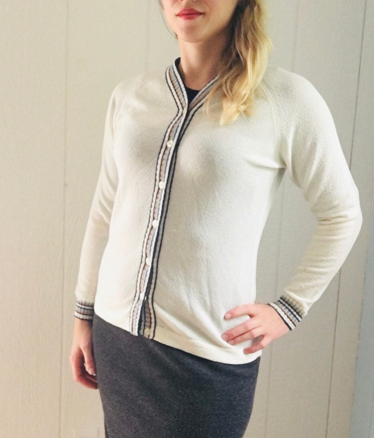 VINTAGE 60s 70s CARDIGAN SWEATER/ Striped/ Cream Blue Mustard