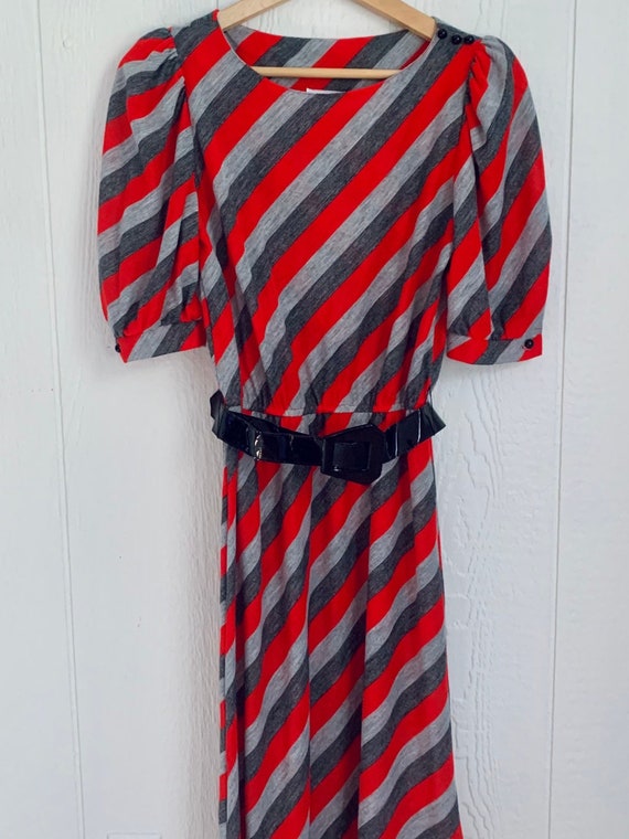 80s Belted Dress RED STRIPED With Puffed Sleeves … - image 3