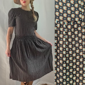 80s DRESS POLKA Dot, Women’s Outfit Dress Brown and Black Shirt Dress, Vintage A line Dress, Short Sleeve Fall Dress, Autumn Dress Comfy