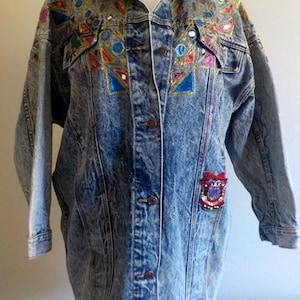 EMBELLISHED DENIM JACKET unique vintage acid wash heavy weight denim/ fabric paint/ geometric shapes/ beads/ 80s 90s/ free shipping