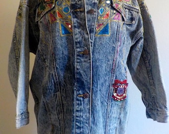 EMBELLISHED DENIM JACKET unique vintage acid wash heavy weight denim/ fabric paint/ geometric shapes/ beads/ 80s 90s/ free shipping