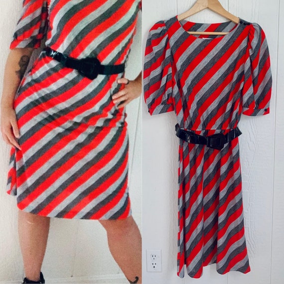 80s Belted Dress RED STRIPED With Puffed Sleeves … - image 4