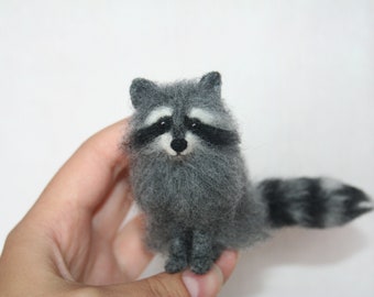 Miniature Needle Felted Raccoon.  Raccoon.  Realistic Raccoon. Felted Animal. Dollhouse Raccoon. Made to Order.