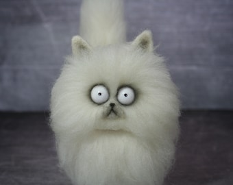 Frankenweenie Cat Mr. Whiskers. Needle Felted Cat. White Cat. Kitty. Big Eyes. Soft Sculpture. Felted Animal. Miniature. Made to order.