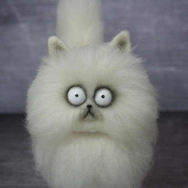 Frankenweenie Cat Mr. Whiskers. Needle Felted Cat. White Cat. Kitty. Big Eyes. Soft Sculpture. Felted Animal. Miniature. Made to order.