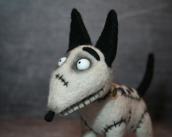 Sparky Frankenweenie. Needle Felted Sparky. Frankenstein Tim Burton. Gray Dog. Big Eyes. Soft Sculpture.  Miniature.Made to order.