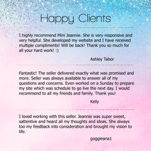 K&ouml;nnte beinhalten: Text Happy Clients mit drei Kundenbewertungen. Die erste Bewertung lautet: "Ich kann Mini Jeannie nur w&auml;rmstens empfehlen. Sie ist sehr reaktionsschnell und sehr hilfreich. Sie hat meine Website entwickelt und ich habe viele Komplimente erhalten! Ich komme wieder! Vielen Dank f&uuml;r Ihre harte Arbeit! :) Ashley Tabor". Die zweite Bewertung lautet: "Fantastisch! Der Verk&auml;ufer hat genau das geliefert, was versprochen wurde und noch mehr. Der Verk&auml;ufer war immer erreichbar, um alle meine Fragen und Bedenken zu beantworten. Er hat sogar an einem Sonntag gearbeitet, um meine Website vorzubereiten, die am n&auml;chsten Tag online gehen sollte. Ich w&uuml;rde ihn all meinen Freunden und meiner Familie empfehlen. Danke! Kelly". Die dritte Bewertung lautet: "Ich habe es geliebt, mit diesem Verk&auml;ufer zusammenzuarbeiten. Jeannie war super nett, aufmerksam und hat all meine Gedanken und Ideen geh&ouml;rt. Sie hat mein Feedback immer ber&uuml;cksichtigt und meine Vision zum Leben erweckt. goggieana1".