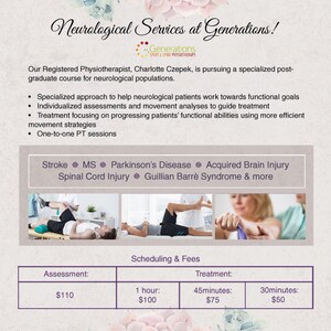 K&ouml;nnte beinhalten: Ein Flyer f&uuml;r Generations Sport & Spine Physiotherapie, der neurologische Dienstleistungen bewirbt. Der Flyer zeigt ein Foto eines Physiotherapeuten, der mit einem Patienten arbeitet. Der Text auf dem Flyer listet verschiedene neurologische Erkrankungen auf, die behandelt werden, darunter Schlaganfall, MS, Parkinson-Krankheit, erworbene Hirnverletzung, R&uuml;ckenmarksverletzung und Guillain-Barr&eacute;-Syndrom. Der Flyer enth&auml;lt auch eine Preisliste f&uuml;r Assessments und Behandlungen.