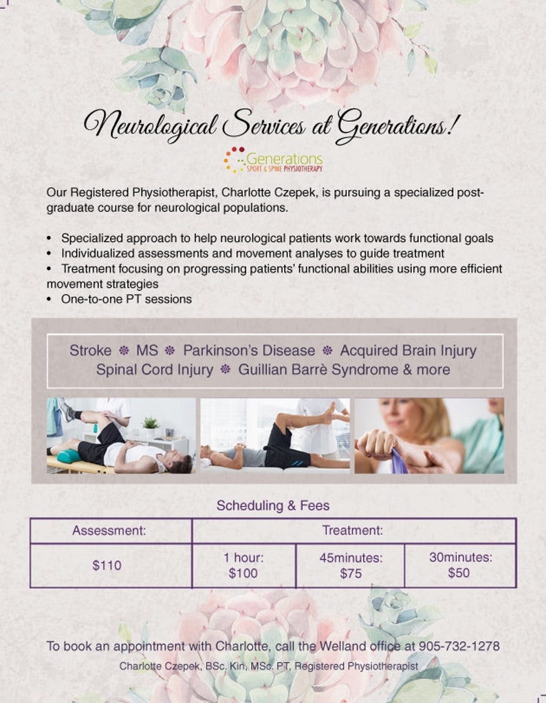 K&ouml;nnte beinhalten: Ein Flyer f&uuml;r Generations Sport & Spine Physiotherapie, der neurologische Dienstleistungen bewirbt. Der Flyer zeigt ein Foto eines Physiotherapeuten, der mit einem Patienten arbeitet. Der Text auf dem Flyer listet verschiedene neurologische Erkrankungen auf, die behandelt werden, darunter Schlaganfall, MS, Parkinson-Krankheit, erworbene Hirnverletzung, R&uuml;ckenmarksverletzung und Guillain-Barr&eacute;-Syndrom. Der Flyer enth&auml;lt auch eine Preisliste f&uuml;r Assessments und Behandlungen.