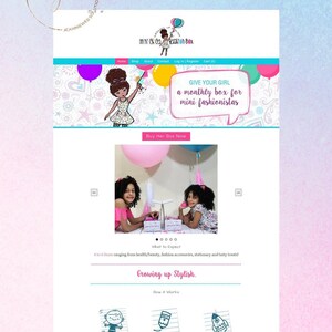 May include: A website screenshot for a subscription box service called "Mint Chica Fashion Box" that offers a monthly box of items for young girls. The website features a cartoon girl holding a balloon and the text "Give your girl a monthly box for mini fashionistas".
