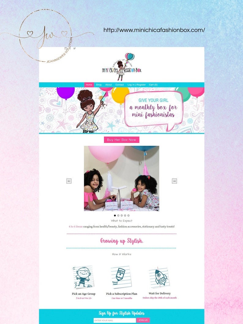 May include: A website screenshot for a subscription box service called "Mint Chica Fashion Box" that offers a monthly box of items for young girls. The website features a cartoon girl holding a balloon and the text "Give your girl a monthly box for mini fashionistas".
