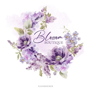 May include: A watercolor illustration of a purple floral wreath with the text "Blossom Boutique" in the center. The wreath is made up of lilac flowers, small purple flowers, and green leaves.