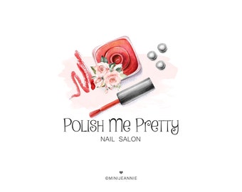 Könnte beinhalten: Eine Aquarell-Illustration einer roten Nagellackflasche mit Pinsel, Blumen und silbernen Perlen. Der Text "Polish Me Pretty Nail Salon" befindet sich unter dem Bild.