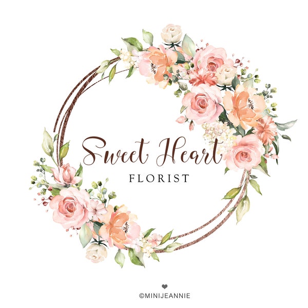 Logo floral-Logo de fleur circulaire-Logo rose et rose pêche-Logo floral rond-Logo féminin-Logo circulaire-Logo aquarelle-Logo de photographie